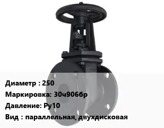 Задвижка чугунная 250 30ч906бр Ру10 параллельная, двухдисковая